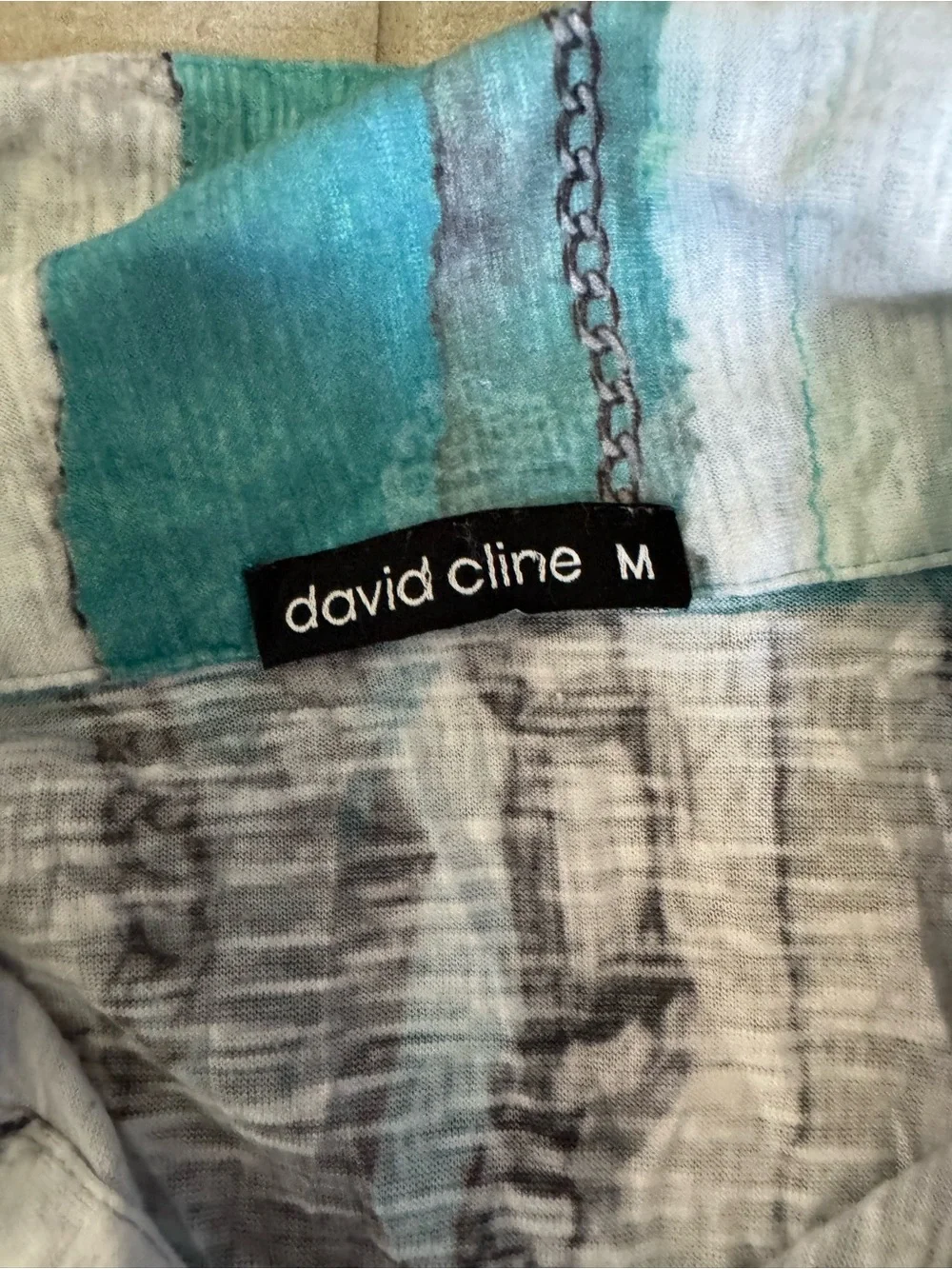 David Cline M Chain Print Rhinestone Button Down Shirt Turquoise Gray USA